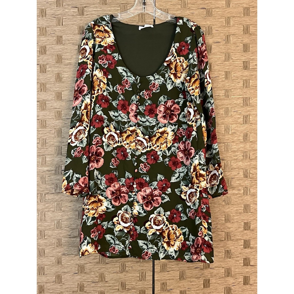 Honey Belle Dress Tunic Dark Green Floral Long Sleeve‎ Scoop Neck Womens Small